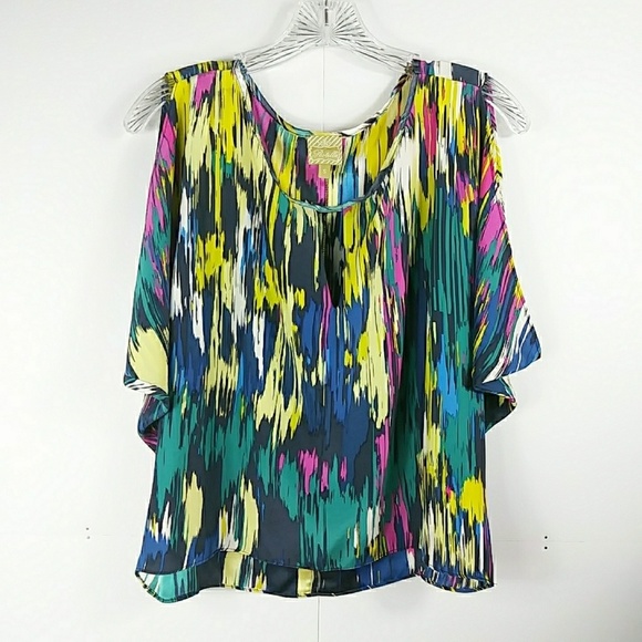 Anthropologie Tops - Anthropologie Postella 100% Silk Postella Multicolored Cold Shoulder Top S